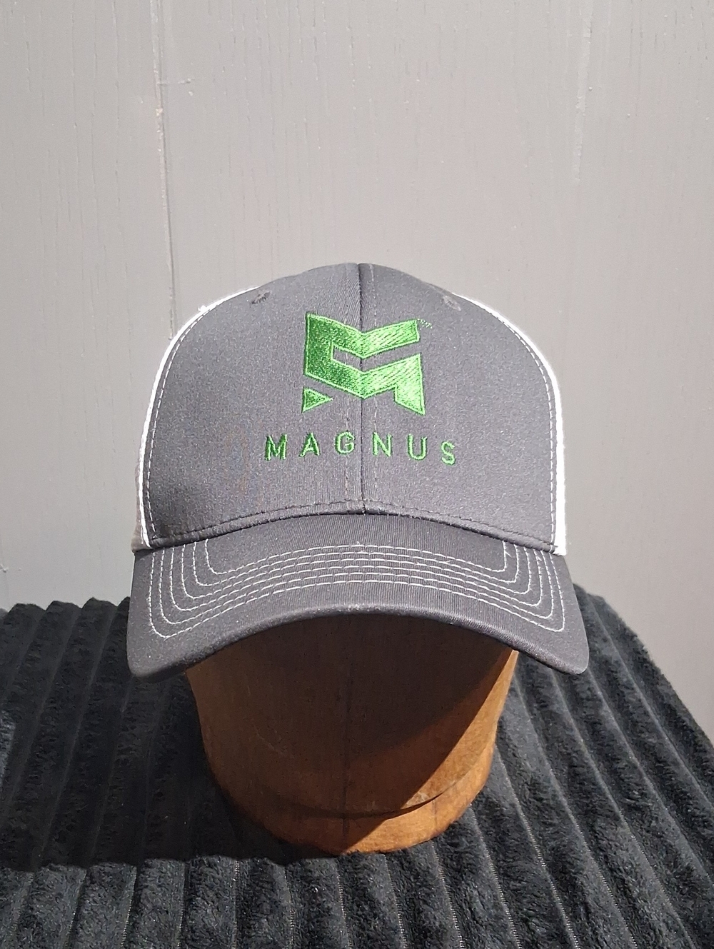 Men's Gray and White Magnus Trucker Style Hat with Green Embroidery